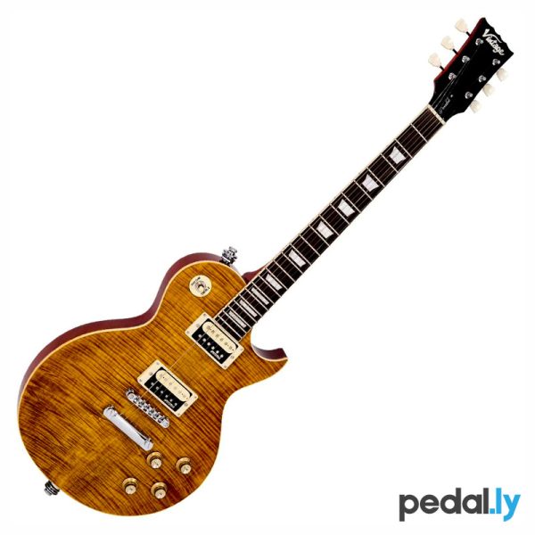 Vintage V100AFD ReIssued Series Flamed Amber Electric Guitar from Pedally