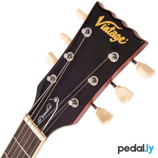 Vintage V100AFD ReIssued Series Flamed Amber Electric Guitar from Pedally headstock