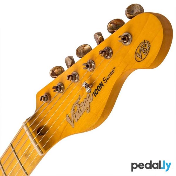 Vintage V52 ICON Electric Guitar - Distressed Butterscotch from Pedally V52MRBS headstock