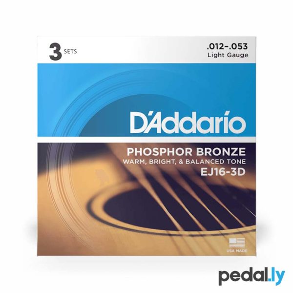 D'Addario EJ16-3D 12-53 Light, Phosphor Bronze Acoustic Guitar Strings 3-Pack from Pedally