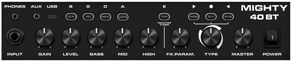 NuX Mighty 40 BT control panel from Pedally