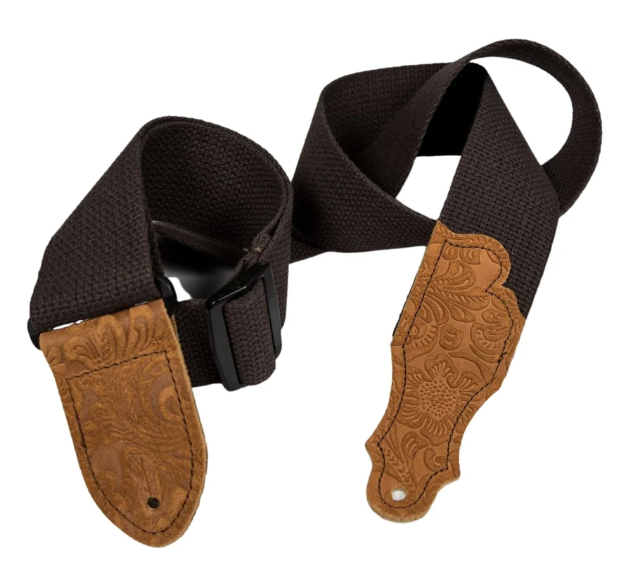 Franklin 2" Cotton Guitar Strap - Embossed Suede End Tab - Chocolate