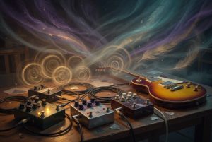 Guitar reverb pedals on a wooden table with lush atmospheric trails, illustrating the best reverb pedals of 2026.
