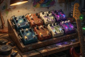Boutique guitar pedals with original artwork on a wooden pedalboard, illustrating why Walrus Audio is taking over boards in 2026.