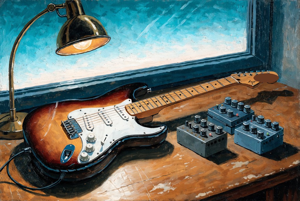 Oil painting of a sunburst guitar and three unlabeled modulation pedals on a wooden desk