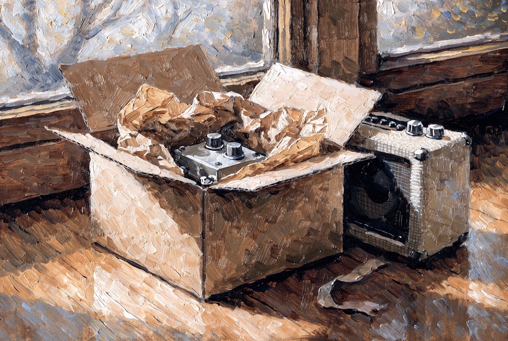 Oil painting of an open gift box holding an unlabeled pedal, beside a small amp on a wooden floor