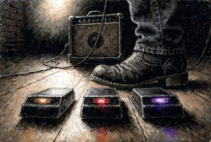 Oil painting of a boot about to hit three drive pedals on a stage floor in front of a small amp