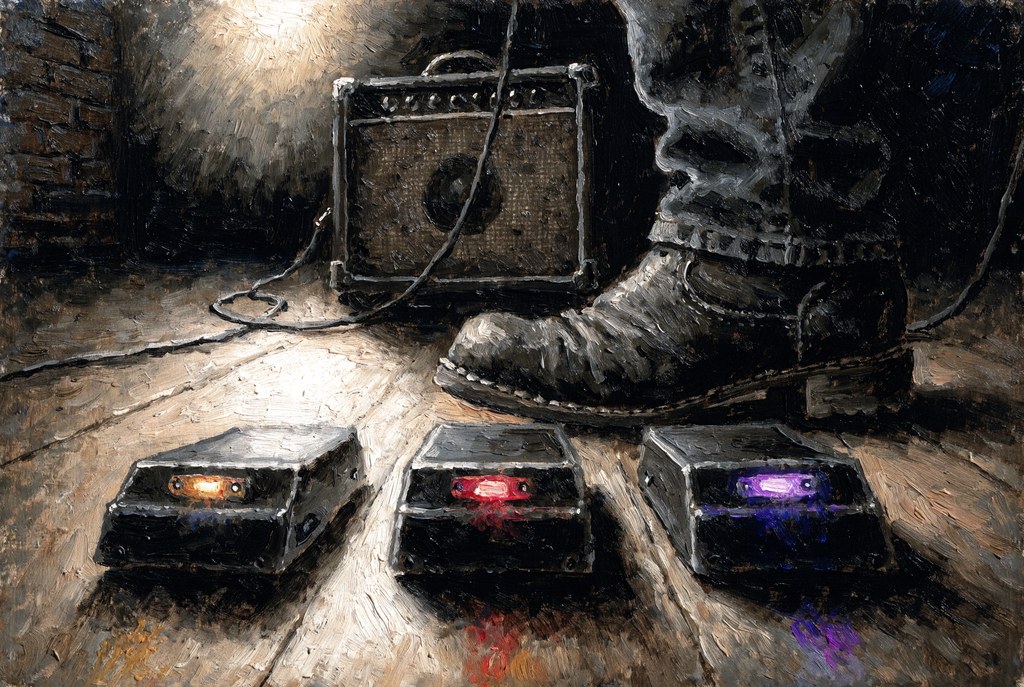 Oil painting of a boot about to hit three drive pedals on a stage floor in front of a small amp