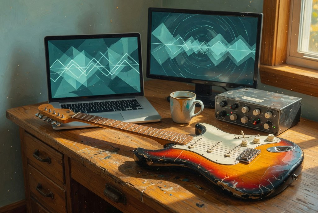 Sunburst Stratocaster on a worn wooden desk in daylight, with a laptop and monitor showing teal waveforms, a coffee mug, and an audio interface