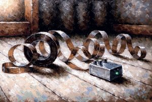Oil painting of loose recording tape and an unlabeled pedal with a green light on a wood floor